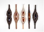 Five wall sculptures, Cast kozo fiber, silk cocoons, waxed linen   21" x 2 to 4"